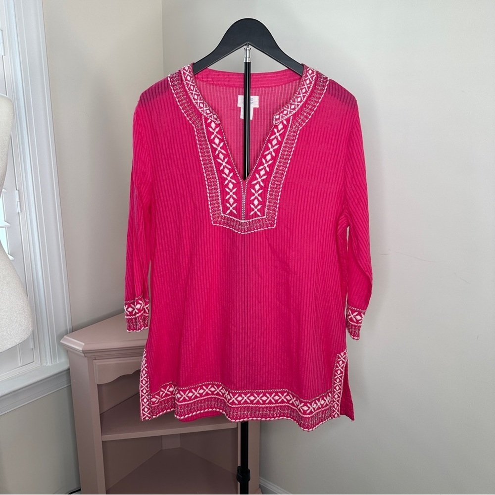 Sigrid Olsen Hot Pink Embroidered V-Neck Tunic